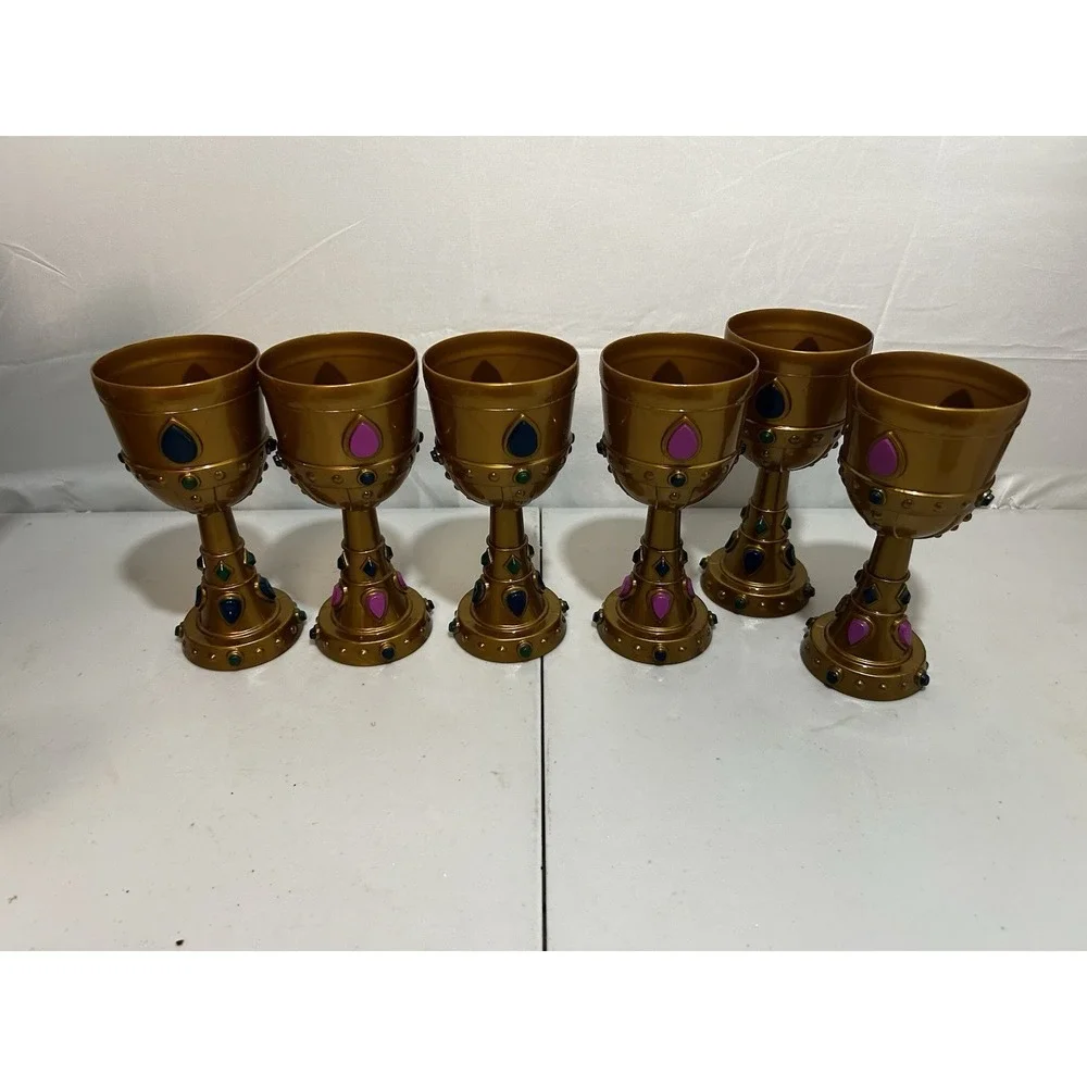 Lot of 6 Molded Plastic Gold Crown Royalty Goblets - Pink,‎ Blue, Green Gems